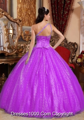 One Shoulder Tulle and Taffeta Beading Quinceanera Dress with Sequins