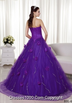 Princess Sweetheart Eggplant Purple Quinceanera Dresses with Hand Made Flowers