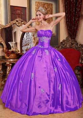 Purple Strapless Taffeta Quinceneara Dresses with Appliques
