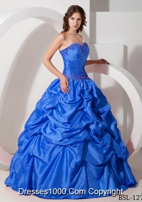 2014 Beautiful Blue Puffy Strapless Appliques Quinceanera Dress with Pick-ups