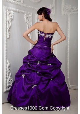 2014 Eggplant Purple Puffy Strapless with Pick-ups and Appliques Quinceanea Dress