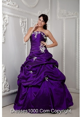 2014 Eggplant Purple Puffy Strapless with Pick-ups and Appliques Quinceanea Dress