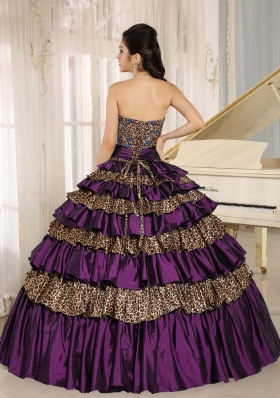 2014 Purple Leopard Ruffled Layers and Appliques With Beading Quinceanera Dress