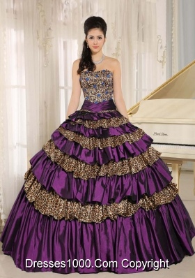 2014 Purple Leopard Ruffled Layers and Appliques With Beading Quinceanera Dress