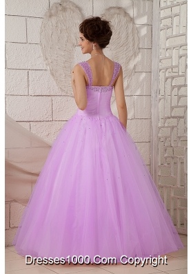 Cheap A-line Lilac Beaded Decorate Straps Tulle Quinceanea Dress