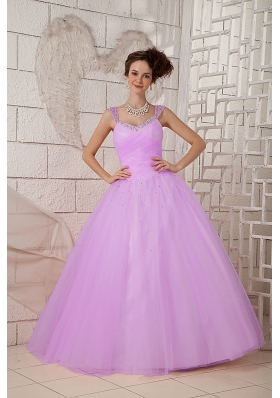 Cheap A-line Lilac Beaded Decorate Straps Tulle Quinceanea Dress