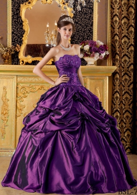 Eggplant Purple Ball Gown Strapless Quinceanera Dress with Hand Made Flower