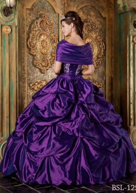 Eggplant Purple Ball Gown Strapless Quinceanera Dress with Pick-ups and Embroidery