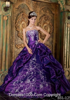 Eggplant Purple Ball Gown Strapless Quinceanera Dress with Pick-ups and Embroidery