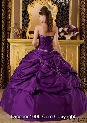 Eggplant Purple Ball Gown Strapless Taffeta Appliques Quinceanera Dress