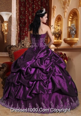 Eggplant Purple Ball Gown Sweetheart Quinceanera Dress with Appliques and Pick-ups