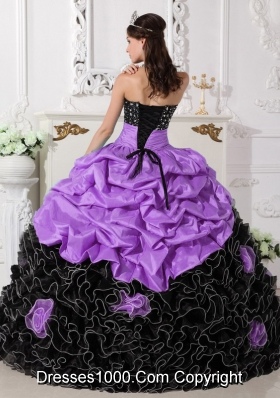 Lilac and Black Sweetheart Organza Beading and Ruffles Sweet 15 Dresses