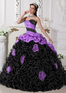 Lilac and Black Sweetheart Organza Beading and Ruffles Sweet 15 Dresses