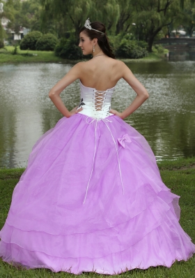 Lilac and White Strapless Quinceanera Dress with Embroidery Decorate