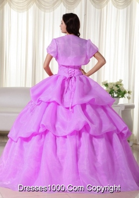 Lilac Ball Gown Strapless Organza Quinceanera Gowns with Hand Made Flowers