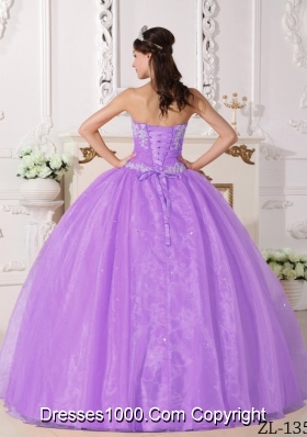 Lilac Ball Gown Strapless Organza Quinceaneras Dress with Appliques