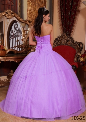 Lilac Ball Gown Strapless Tulle Quinceanera Gowns with Appliques and Beading