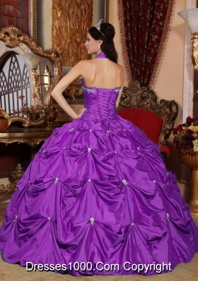 Purple Ball Gown Halter Top Taffeta Appliques Quinceaneras Dress