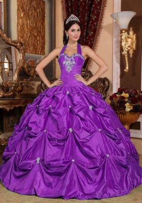 Purple Ball Gown Halter Top Taffeta Appliques Quinceaneras Dress