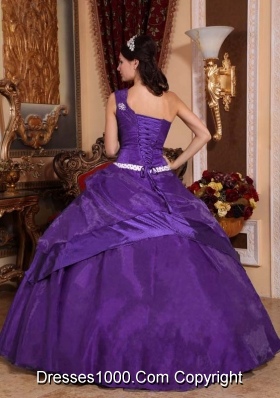 Purple Ball Gown One Shoulder Quinceanera Dress with Beading and Hand Made Flower