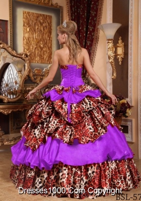 Purple Ball Gown Strapless Dresses For 15 with Pick-ups and Leopard