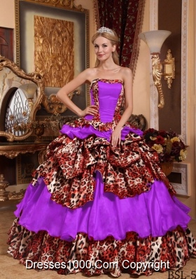 Purple Ball Gown Strapless Dresses For 15 with Pick-ups and Leopard