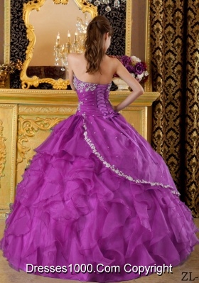 Purple Ball Gown Strapless Organza Appliques Quinceanera Dresses Gowns with Ruffles