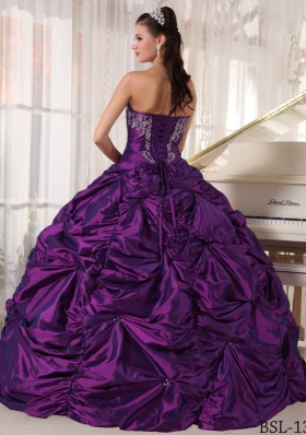 Purple Ball Gown Strapless Quinceanera Dress with Pick-ups and Embroidery