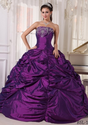Purple Ball Gown Strapless Quinceanera Dress with Pick-ups and Embroidery