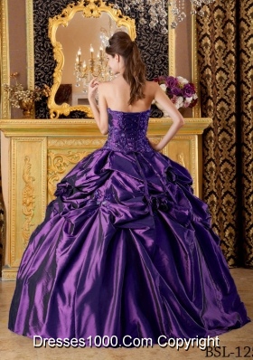 Purple Ball Gown Strapless Quinceanera Dress with Pick-ups Appliques