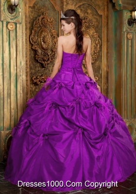 Purple Ball Gown Strapless Quinceanera Dress  with Taffeta Hand Made Flowers