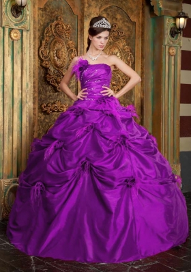 Purple Ball Gown Strapless Quinceanera Dress  with Taffeta Hand Made Flowers