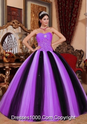 Sweetheart Tulle Lilac and Black Quinceaneras Dress with Beading