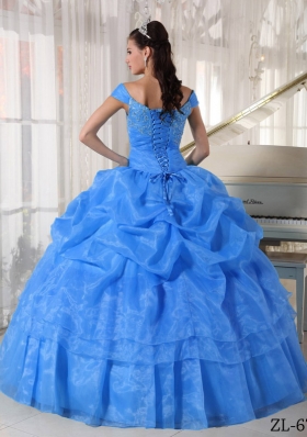 2014 Blue Puffy Off The Shoulder Beading Quinceanera Dress with Pick-ups