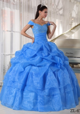 2014 Blue Puffy Off The Shoulder Beading Quinceanera Dress with Pick-ups