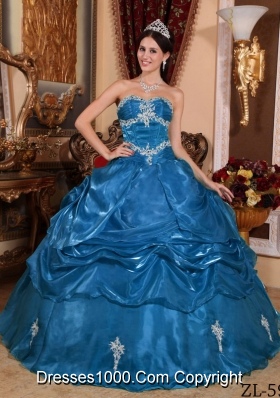 2014 Fashionable Teal Puffy Strapless Appliques Quinceanera Dress