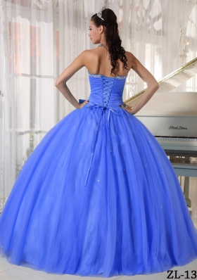 2014 Gorgeous Blue Puffy Sweetheart Quinceanera Dress with Beading and Bowknot