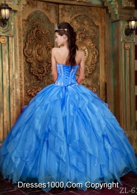 2014 Gorgeous Puffy Strapless in Blue Appliques Quinceanera Dress with Ruffles