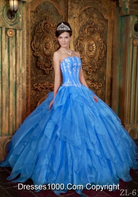 2014 Gorgeous Puffy Strapless in Blue Appliques Quinceanera Dress with Ruffles