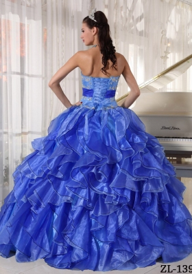 2014 Popular Strapless Puffy Appliques Quinceanera Dress with Ruffles