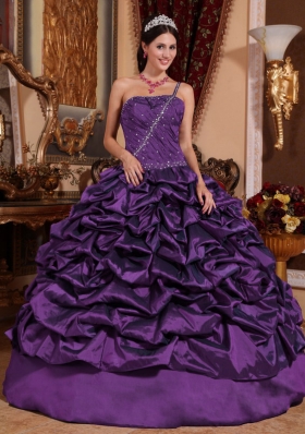 2014 The Super Hot Purple Puffy One Shoulder Pick-ups Sweet 15 Dresses with Beading