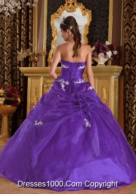 Eggplant Purple Ball Gown Strapless Quinceanera Dress with Appliques and Pick-ups