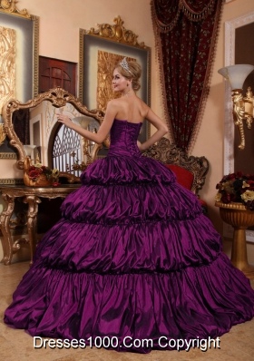 New Style Eggplant Purple Chapel Train with Appliques and Pick-ups Quinceanera Dress for 2014