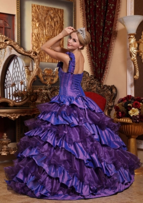 One Shoulder Quinceanera Dress with Hand Made Flowers and Ruffled Layers