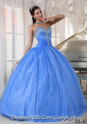 Perfect Baby Blue Sweetheart Puffy Appliques Quinceanera Dress with Beading For 2014