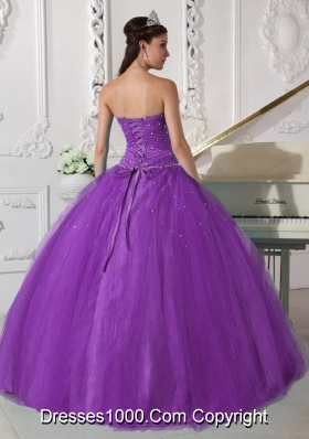 Petty Purple Puffy Strapless Beading and Ruching Quinceanera Dress for 2014