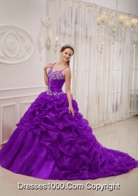Purple Ball Gown Spaghetti Straps Organza Beading Quinceanera Dresses Gowns