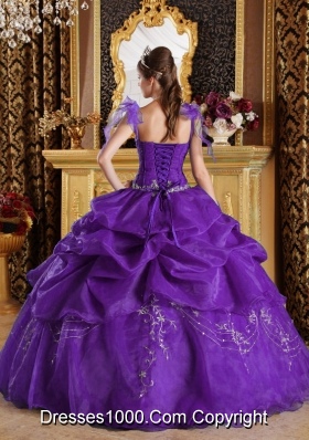 Purple Ball Gown Straps Quinceanera Dress with Pick-ups and Hand Made Flowers