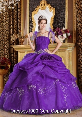 Purple Ball Gown Straps Quinceanera Dress with Pick-ups and Hand Made Flowers