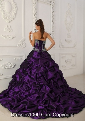 Purple Ball Gown Sweetheart Chapel Train Quinceanera Dress with Appliques Ruffled Layers